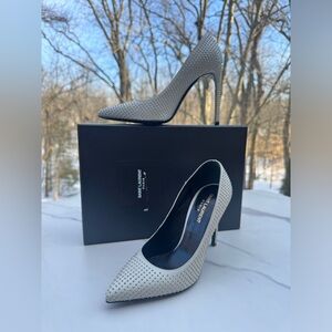YSL SAINT LAURENT Metallic Studded High Heels Pumps Silver White 38